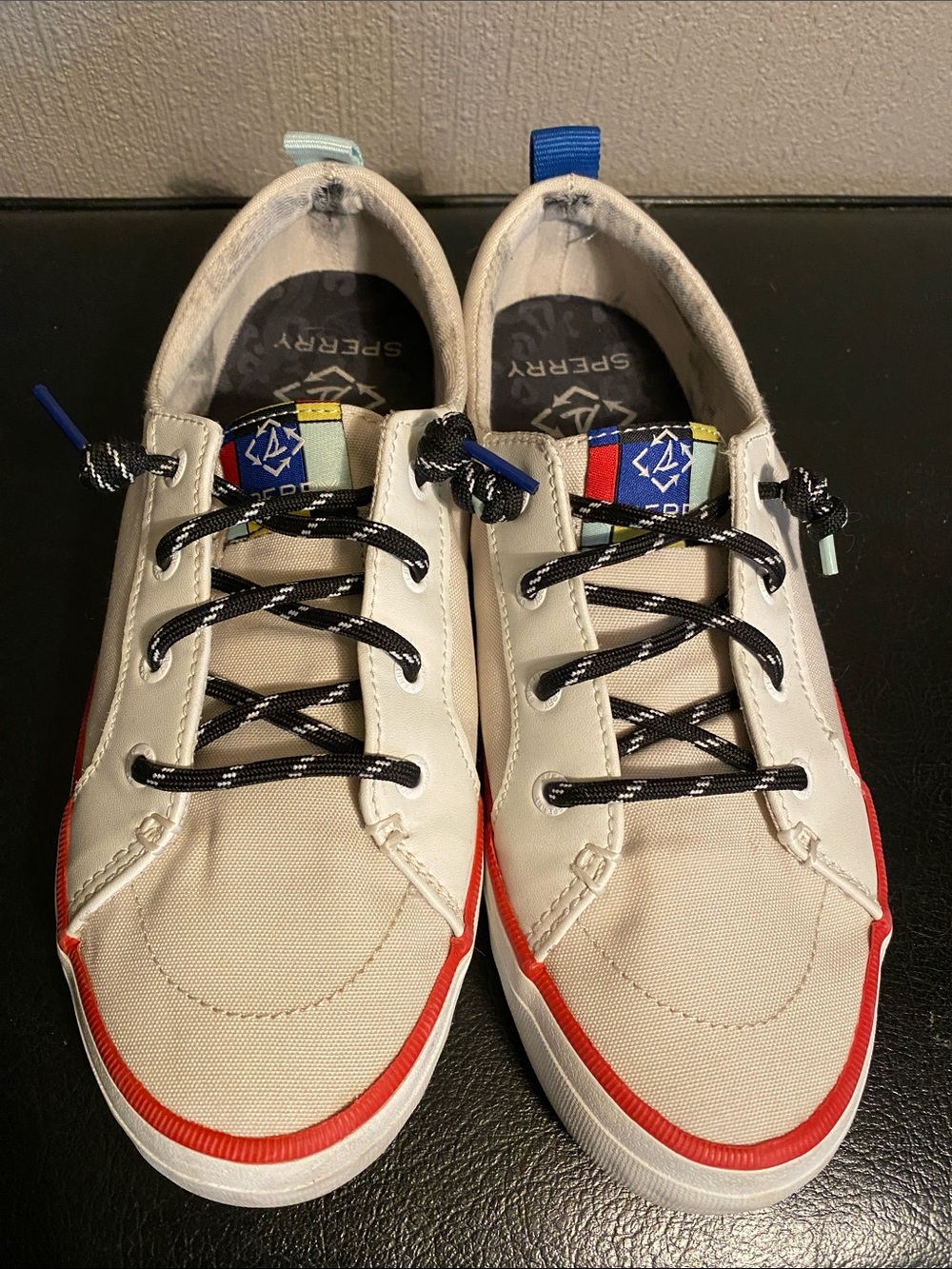 Sperry Woman’s 8 Beige Canvas Boat Shoes with Red Trim and Black Laces